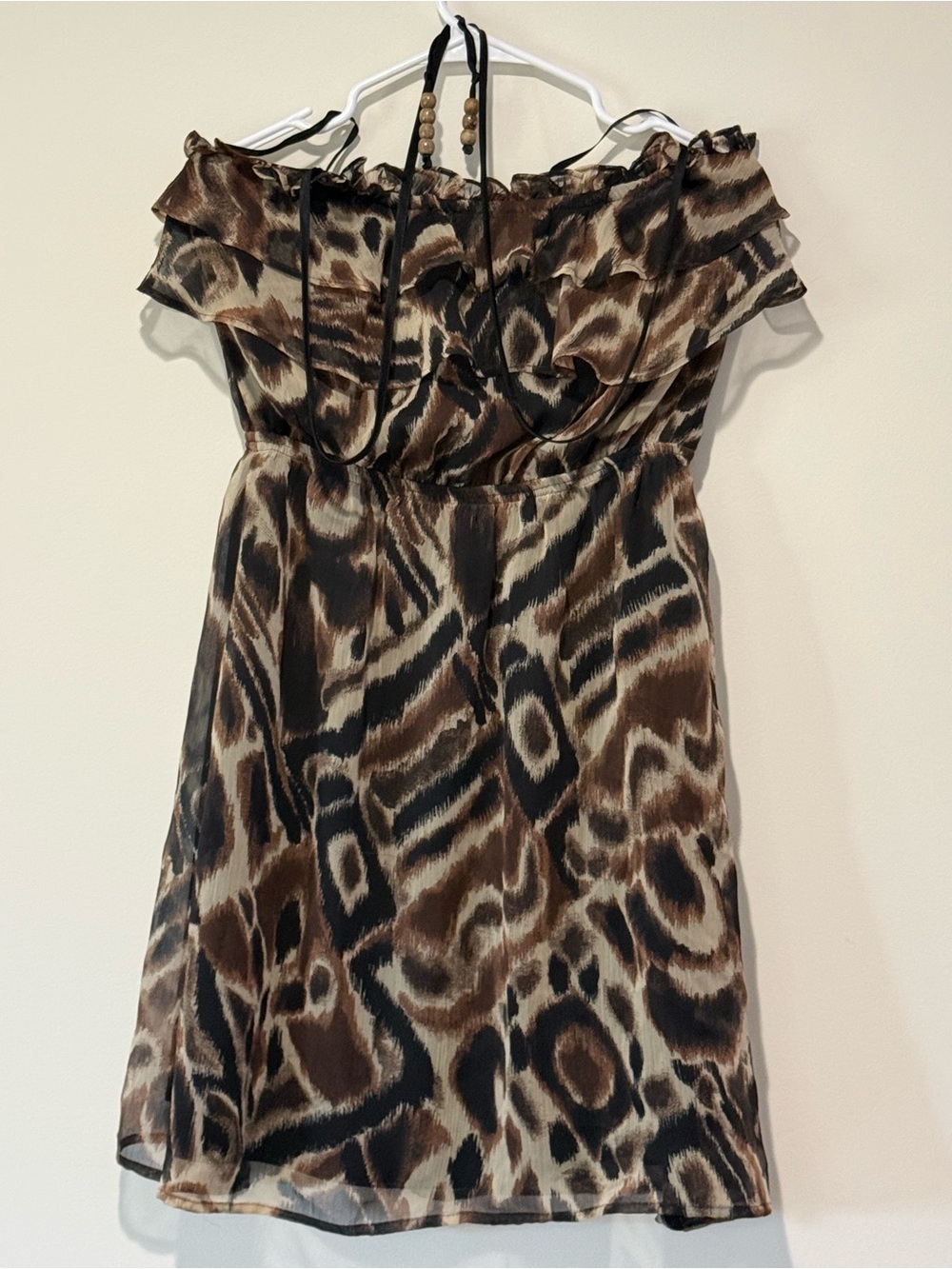 Off-Shoulder Brown Black Print Dress